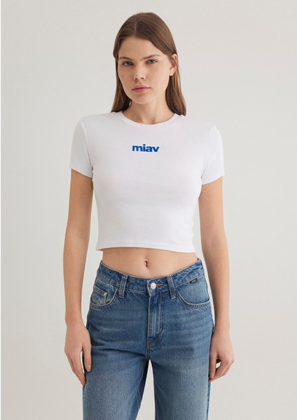 Miav Baskılı Beyaz Crop Tişört 1612453-620 fırsatları