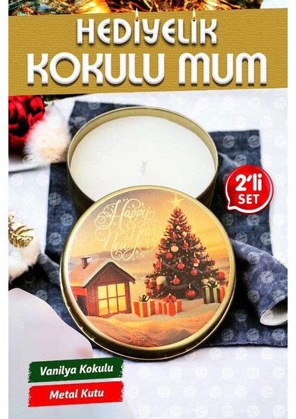 Tuğset Etiket Yılbaşı Hediyelik Metal Kutu Kokulu Mum 2'li set no:3 Christmas Gift CANDLE-T1106