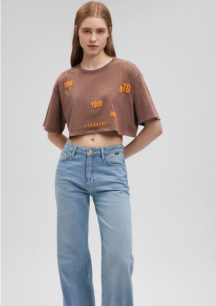 Baskılı Kahverengi Crop Tişört1612499-70244