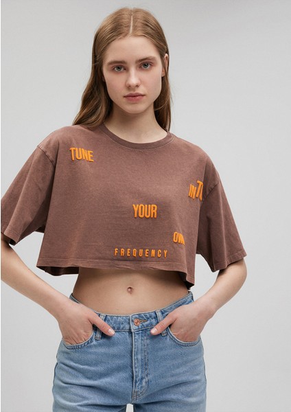Baskılı Kahverengi Crop Tişört1612499-70244 fiyatları