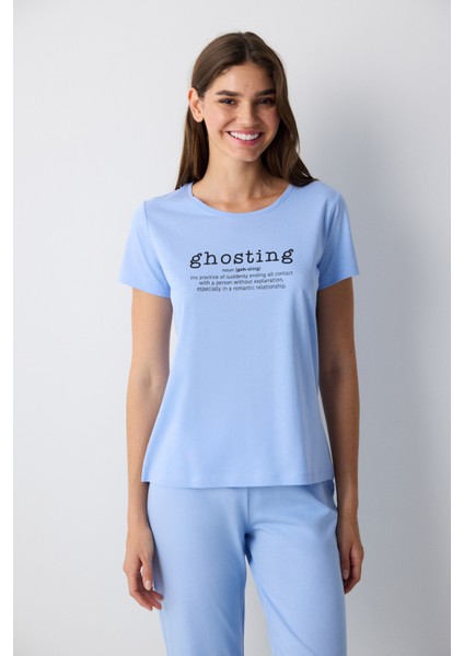 Pamuklu Ghosting Mavi Pantolon Pijama Takımı