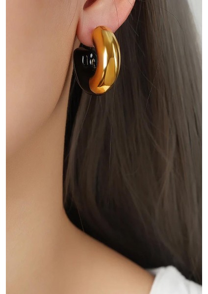 Paslanmaz Siyah Mineli Dolgun Halka Küpe