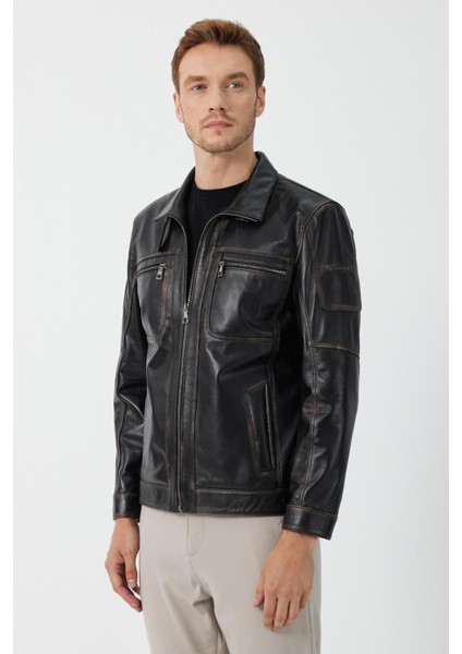 Kenny Siyah Vintage Deri Mont