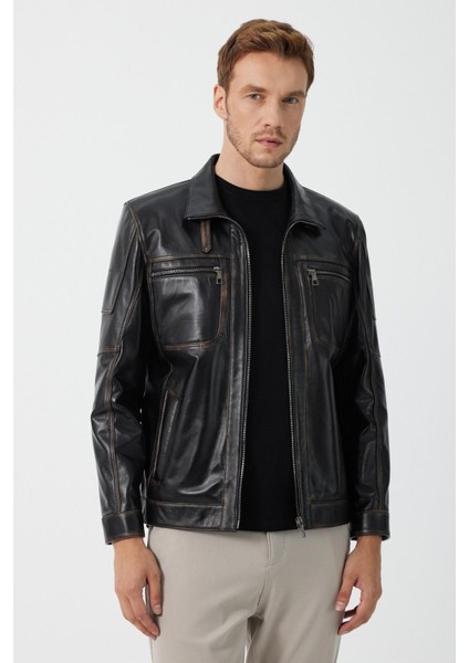 Kenny Siyah Vintage Deri Mont