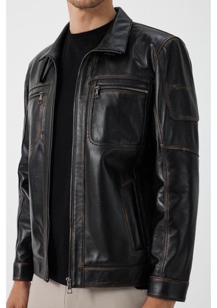 Kenny Siyah Vintage Deri Mont