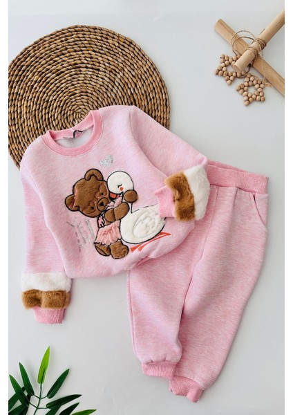 Ayıcık Peluş Detaylı Kız Çocuk Kışlıl takım - Pembe