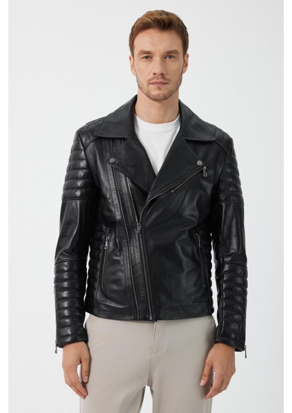 Biker Siyah Deri Mont