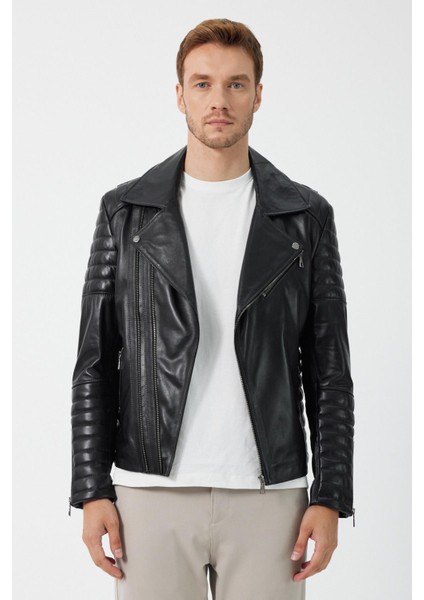 Biker Siyah Deri Mont