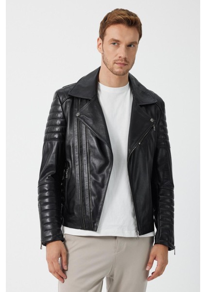 Biker Siyah Deri Mont