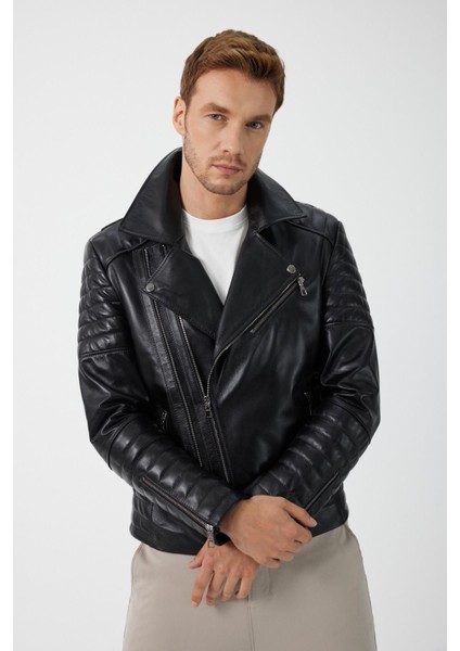 Biker Siyah Deri Mont