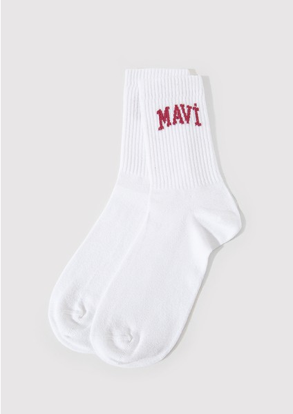 Mavi Logo Detaylı Beyaz Soket Çorap 1912726-20844