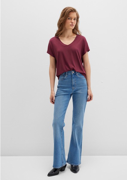 V Yaka Bordo Basic Viskoz Tişört 167714-70393 modelleri