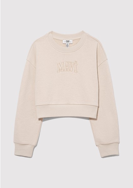 Logo Baskılı Bej Crop Sweatshirt 7S10078-70072