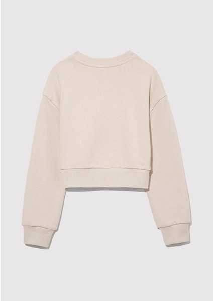 Logo Baskılı Bej Crop Sweatshirt 7S10078-70072