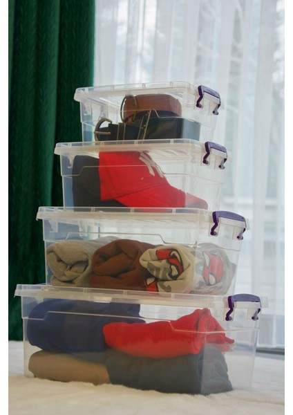 Plastik Kilitli Kapaklı Yatay Saklama ve Erzak Kabı 3.5-5.5-10-15 Litre 4 Lü Set Kilitli Kapaklı