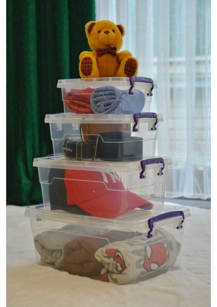 Plastik Kilitli Kapaklı Yatay Saklama ve Erzak Kabı 3.5-5.5-10-15 Litre 4 Lü Set Kilitli Kapaklı modelleri