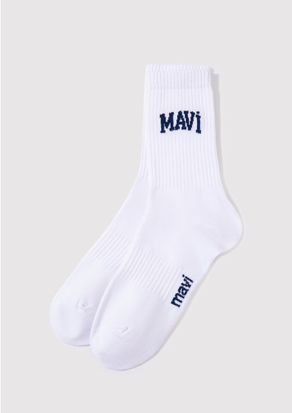 Mavi Logo Baskılı Beyaz Soket Çorap 0911160-28613