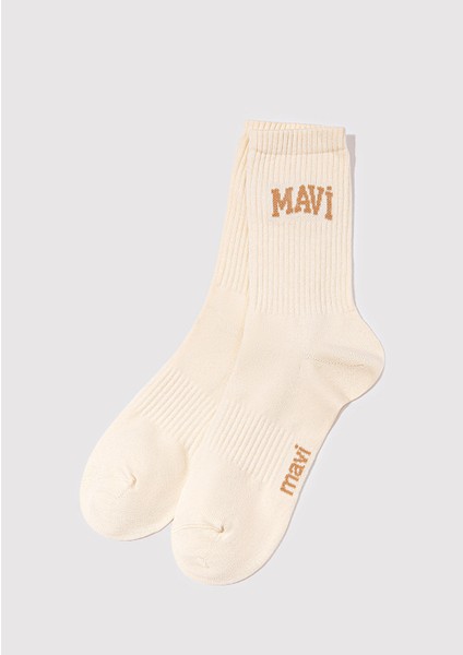 Mavi Logo Baskılı Bej Soket Çorap 0911160-34616