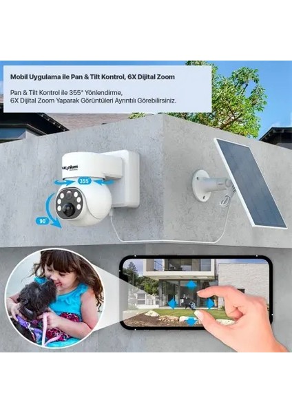 Uranıum ANP-PT4015BSW-S 4mp 3.6 mm Lens 15 mt Ir+ 15 mt Beyaz LED Çift Yönlü Konuşma IP65 Wifi Solar Kamera Gri Renk(Ubox)