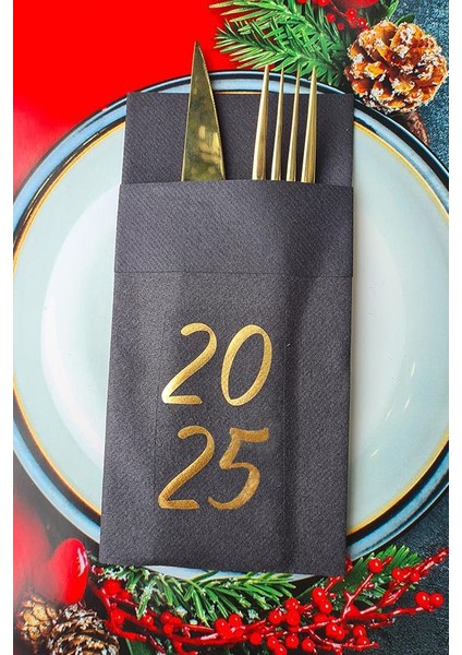 Kumaş Dokulu Siyah Peçete Gold Varak 2026 Yazılı Yılbaşı Sofrası - Yeni Yıl Peçetesi