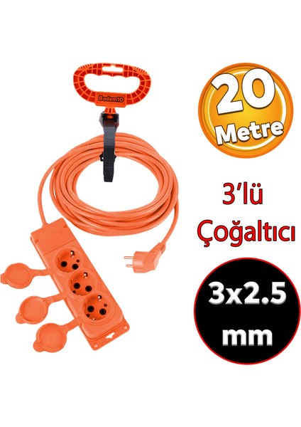 Monofaze Cca Uzatma Kablosu 3x2.5 mm Çoğaltıcı Seyyar Topraklı Kapaklı 3'lü Grup Priz Fiş 20 Metre