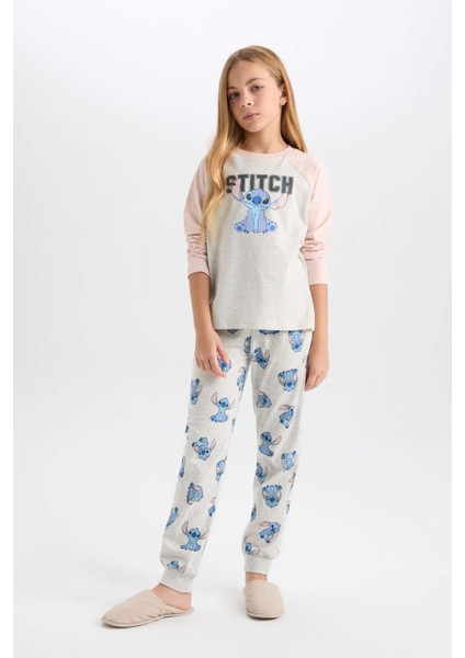 Kız Çocuk 2'li Pijama Takımı Disney Lilo & Stitch Bisiklet Yaka Üst Uzun Alt D3747A824AU