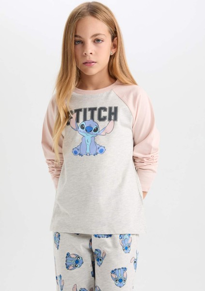 Kız Çocuk 2'li Pijama Takımı Disney Lilo & Stitch Bisiklet Yaka Üst Uzun Alt D3747A824AU