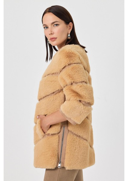 Rina Camel Kadın Tüylü Mont