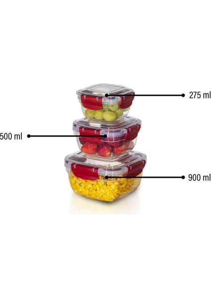 3'lü Set Master Kare Saklama Kabı (275 ml - 500 ml - 900 Ml)