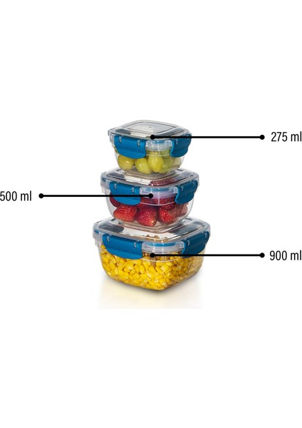3'lü Set Master Kare Saklama Kabı (275 ml - 500 ml - 900 Ml)