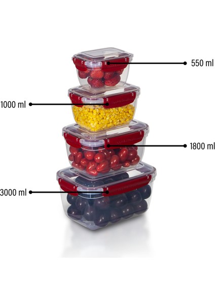 4'lü Master Dikdörtgen Saklama Kabı (550 ml - 1000 ml - 1800 ml - 3000 Ml) modelleri