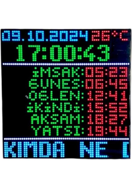 Sanec Ledli Kayan Yazılı Renk Değiştirebilen Vakitmatik Cami, Mescid Namaz Saati (Kasa Ölçüsü: 34X34 Cm)