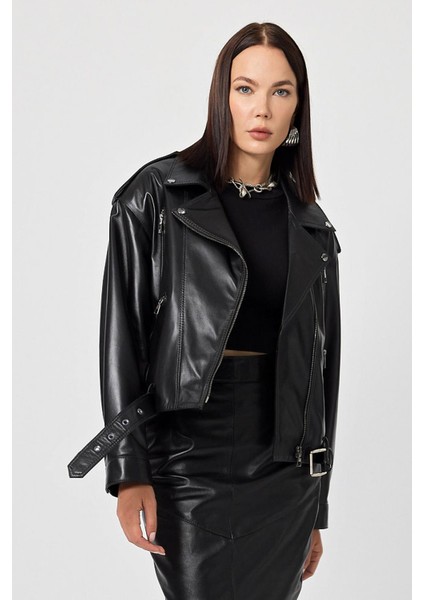 Emily Siyah Oversize Deri Mont