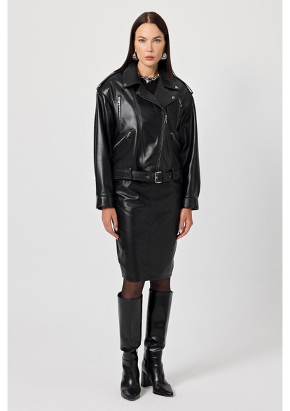 Emily Siyah Oversize Deri Mont