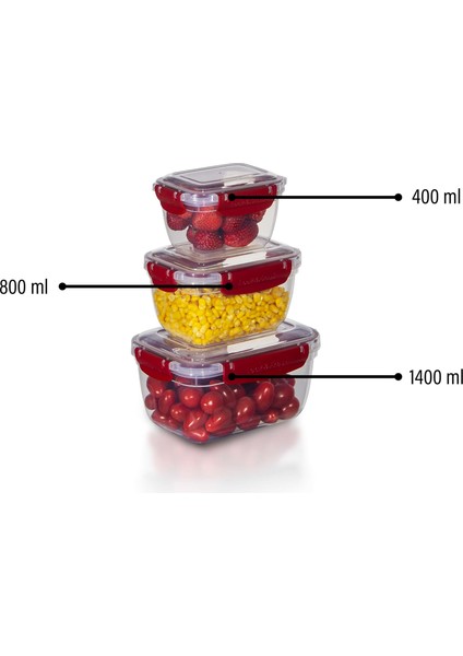 3'lü Master Dikdörtgen Saklama Kabı (400 ml - 800 ml - 1400 Ml)