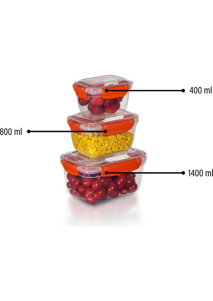 3'lü Master Dikdörtgen Saklama Kabı (400 ml - 800 ml - 1400 Ml)
