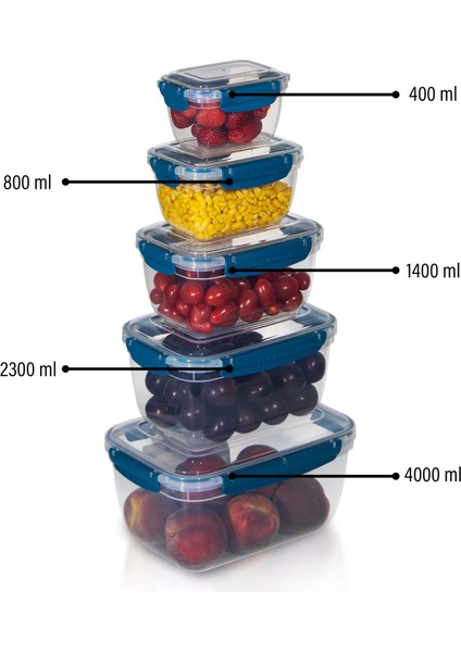 5'li Master Dikdörtgen Saklama Kabı (400 ml - 800 ml - 1400 ml - 2300 ml - 4000 Ml)