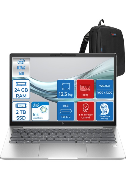 Elitebook 630 G11 Ultra7 155U 24GB Ddr5 2tb SSD 13.3'' Fhd Wuxga Windows 11 Home Yapay Zeka Destekli Taşınabilir Bilgisayar H9Y7R8ETH06 + Zettaçanta