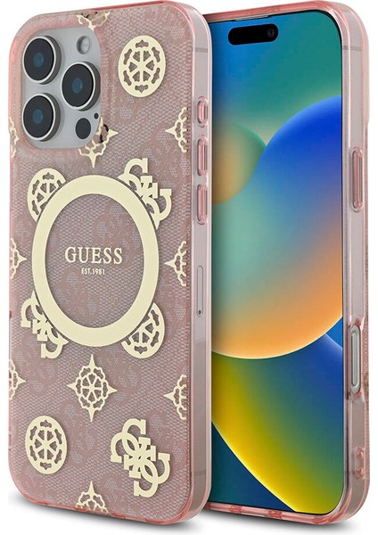 Apple iPhone 16 Pro Max Kılıf Guess Lisanslı Magsafe Özellikli Iml Peony ve 4g Desenli Klasik Logolu Pembe
