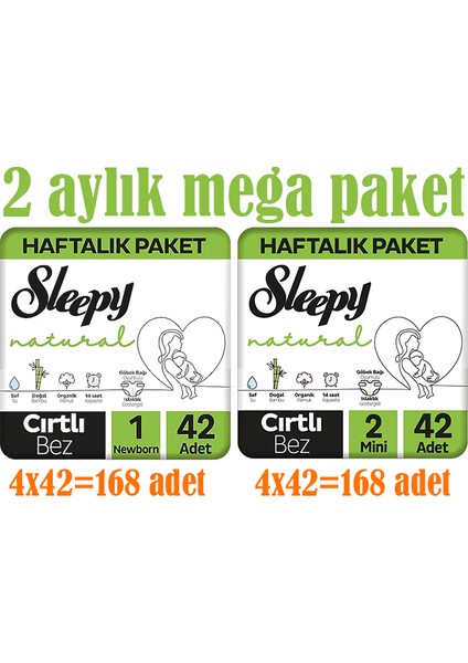 Natural 2 Aylık Mega Fırsat Paketi 1 Numara Newborn Bebek Bezi ve 2 Numara Mini Bebek Bezi