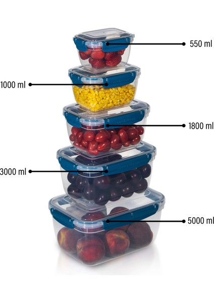 5'li Master Dikdörtgen Saklama Kabı (550 ml - 1000 ml - 1800 ml - 3000 ml - 5000 Ml)