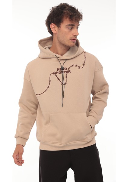 Bej Üç İplik Head Chopper Nakışlı Oversize Kapşonlu Sweatshirt- 2319