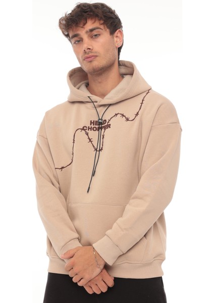 Bej Üç İplik Head Chopper Nakışlı Oversize Kapşonlu Sweatshirt- 2319