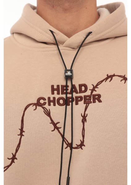 Bej Üç İplik Head Chopper Nakışlı Oversize Kapşonlu Sweatshirt- 2319