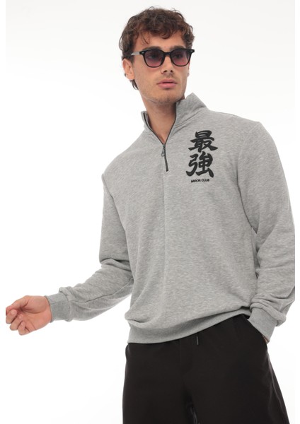 Gri Üç İplik Fermuarlı Nakış Detaylı Regular Fit Sweatshirt- 2327