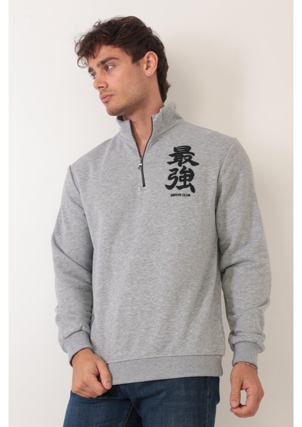 Gri Üç İplik Fermuarlı Nakış Detaylı Regular Fit Sweatshirt- 2327