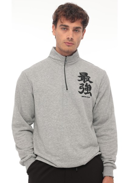 Gri Üç İplik Fermuarlı Nakış Detaylı Regular Fit Sweatshirt- 2327