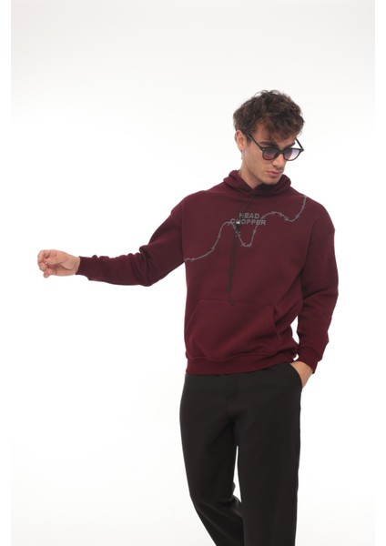 Bordo Üç İplik Head Chopper Nakışlı Oversize Kapşonlu Sweatshirt- 2319