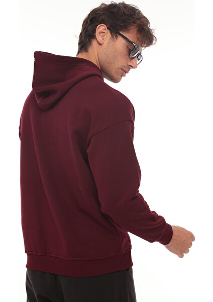 Bordo Üç İplik Head Chopper Nakışlı Oversize Kapşonlu Sweatshirt- 2319