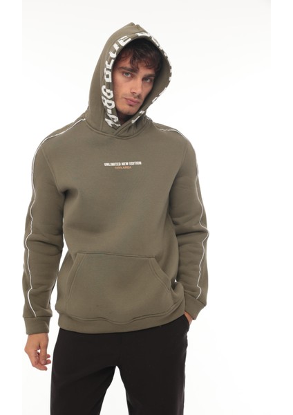 Haki Kapüşon Baskılı Üç Iplik Oversize Sweatshirt- 2440